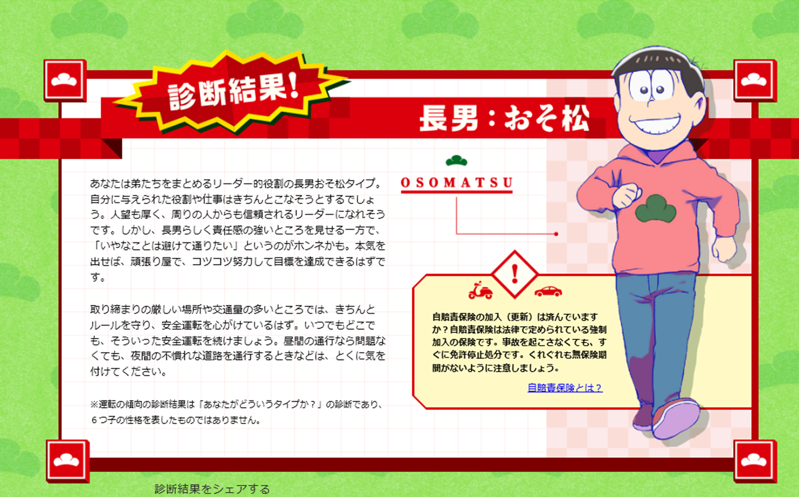公式 自賠責広報キャラクターに おそ松さん ｈｏｎｄａ ｃａｒｓ 石川西
