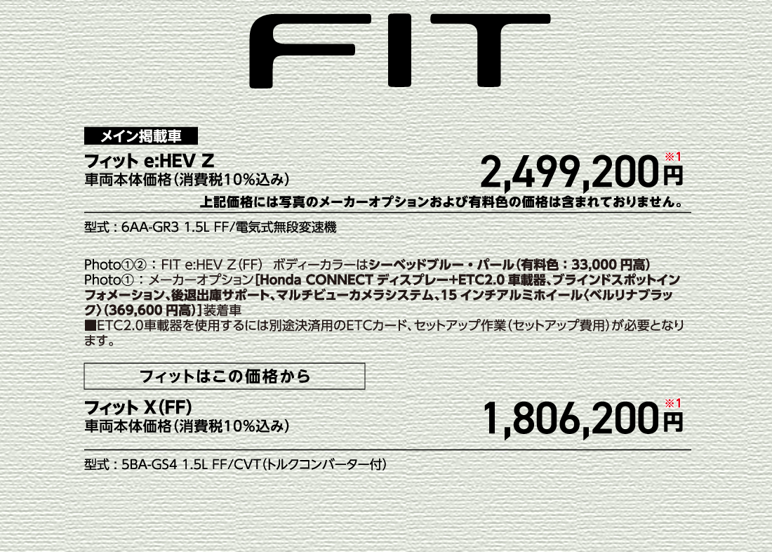 メイン掲載車フィット e:HEV Z車両本体価格（消費税10%込み）2,499,200円※1上記価格には写真のメーカーオプションおよび有料色の価格は含まれておりません。型式:6AA-GR3 1.5L FF/電気式無段変速機Photo①②:FIT e:HEV Z（FF）ボディーカラーはシーベッドブルー・パール（有料色:33,000円高）Photo①:メーカーオプション[Honda CONNECTディスプレー+ETC2.0車載器、ブラインドスポットインフォメーション、後退出庫サポート、マルチビューカメラシステム、15インチアルミホイール〈ベルリナブラック〉（369,600円高）]装着車■ETC2.0車載器を使用するには別途決済用のETCカード、セットアップ作業（セットアップ費用）が必要となります。フィットはこの価格からフィット X（FF）車両本体価格（消費税10%込み）1,806,200円※1型式:5BA-GS4 1.5L FF/CVT（トルクコンバーター付）