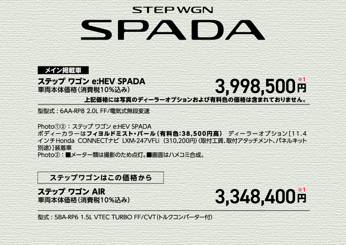 メイン掲載車ステップ ワゴン e:HEV SPADA車両本体価格（消費税10%込み）3,998,500円※1上記価格には写真のディーラーオプションおよび有料色の価格は含まれておりません。型型式:6AA-RP8 2.0L FF/電気式無段変速Photo①②:ステップ ワゴン e:HEV SPADAボディーカラーはフィヨルドミスト・パール（有料色:38,500円高） ディーラーオプション[11.4インチHonda CONNECTナビ LXM-247VFLi（310,200円）〈取付工賃、取付アタッチメント、パネルキット別途〉]装着車Photo②:■メーター類は撮影のため点灯。■画面はハメコミ合成。ステップワゴンはこの価格からステップ ワゴン AIR車両本体価格（消費税10%込み）3,348,400円※1型式:5BA-RP6 1.5L VTEC TURBO FF/CVT（トルクコンバーター付）