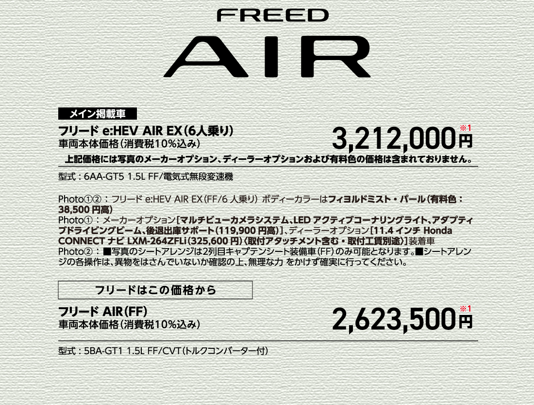 メイン掲載車フリード e:HEV AIR EX（6人乗り）車両本体価格（消費税10%込み）3,212,000円※1上記価格には写真のメーカーオプション、ディーラーオプションおよび有料色の価格は含まれておりません。型式:6AA-GT5 1.5L FF/電気式無段変速機Photo①②:フリード e:HEV AIR EX（FF/6人乗り）ボディーカラーはフィヨルドミスト・パール（有料色:38,500円高）Photo①:メーカーオプション[マルチビューカメラシステム、LEDアクティブコーナリングライト、アダプティブドライビングビーム、後退出庫サポート（119,900円高）]、ディーラーオプション[11.4インチ Honda CONNECTナビ LXM-264ZFLi（325,600円）〈取付アタッチメント含む・取付工賃別途〉]装着車Photo②:■写真のシートアレンジは2列目キャプテンシート装備車（FF）のみ可能となります。■シートアレンジの各操作は、異物をはさんでいないか確認の上、無理な力 をかけず確実に行ってください。フリードはこの価格からフリードAIR（FF）車両本体価格（消費税10%込み）2,623,500円※1型式:5BA-GT1 1.5L FF/CVT（トルクコンバーター付）