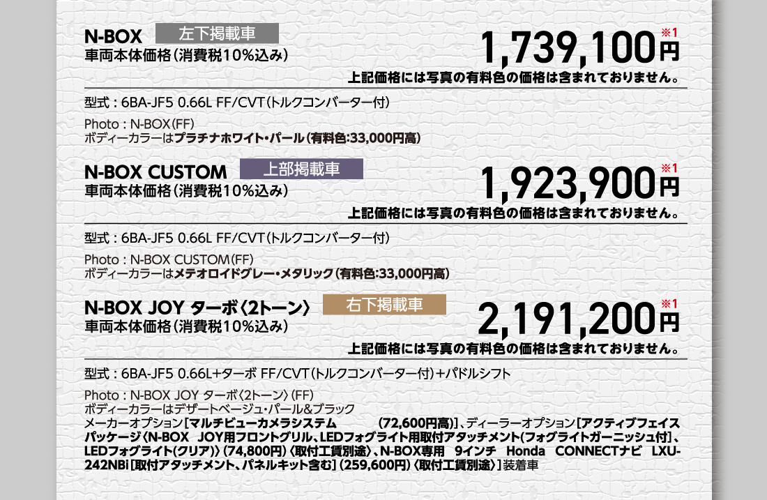 N-BOX左下掲載車車両本体価格（消費税10%込み）1,739,100円※1上記価格には写真の有料色の価格は含まれておりません。型式:6BA-JF5 0.66L FF/CVT（トルクコンバーター付）Photo:N-BOX（FF）ボディーカラーはプラチナホワイト・パール（有料色:33,000円高）N-BOX CUSTOM上部掲載車車両本体価格（消費税10%込み）1,923,900円※1上記価格には写真の有料色の価格は含まれておりません。型式:6BA-JF5 0.66L FF/CVT（トルクコンバーター付）Photo:N-BOX CUSTOM（FF）ボディーカラーはメテオロイドグレー・メタリック（有料色:33,000円高）N-BOX JOY ターボ〈2トーン〉右下掲載車車両本体価格（消費税10%込み）2,191,200円※1上記価格には写真の有料色の価格は含まれておりません。型式:6BA-JF5 0.66L+ターボ FF/CVT（トルクコンバーター付）+パドルシフトPhoto:N-BOX JOY ターボ〈2トーン〉（FF）ボディーカラーはデザートベージュ・パール&ブラックメーカーオプション[マルチビューカメラシステム（72,600円高）]、ディーラーオプション[アクティブフェイスパッケージ〈N-BOX JOY用フロントグリル、LEDフォグライト用取付アタッチメント（フォグライトガーニッシュ付]、LEDフォグライト(クリア)〉（74,800円）〈取付工賃別途〉、N-BOX専用 9インチ Honda CONNECTナビ LXU-242NBi[取付アタッチメント、パネルキット含む]（259,600円）〈取付工賃別途〉]装着車