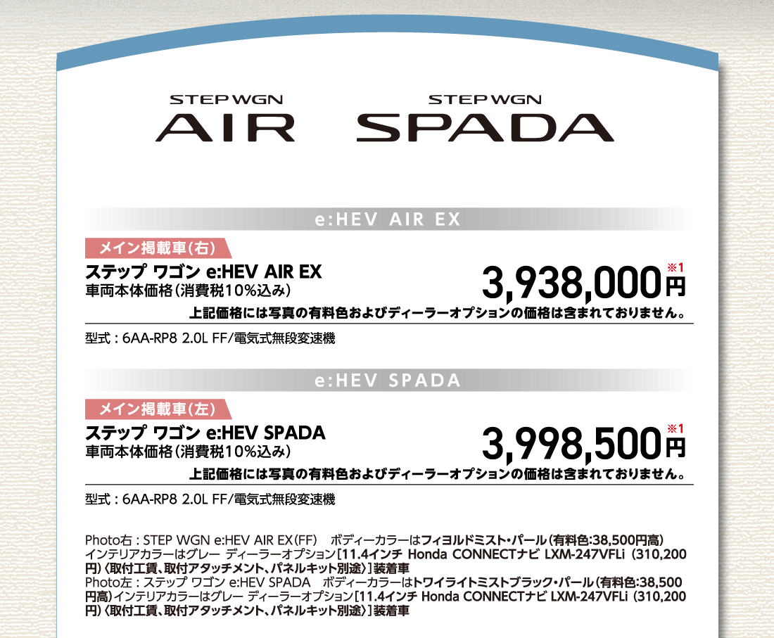 e:HEV AIR EXメイン掲載車(右)ステップ ワゴン e:HEV AIR EX車両本体価格（消費税10%込み）3,938,000円※1上記価格には写真の有料色およびディーラーオプションの価格は含まれておりません。型式:6AA-RP8 2.0L FF/電気式無段変速機e:HEV SPADAメイン掲載車(左)ステップ ワゴンe:HEV SPADA車両本体価格（消費税10%込み）3,998,500円※1上記価格には写真の有料色およびディーラーオプションの価格は含まれておりません。型式:6AA-RP8 2.0L FF/電気式無段変速機Photo右:STEP WGN e:HEV AIR EX（FF）ボディーカラーはフィヨルドミスト・パール（有料色:38,500円高）インテリアカラーはグレー ディーラーオプション[11.4インチ Honda CONNECTナビ LXM-247VFLi（310,200円）〈取付工賃、取付アタッチメント、パネルキット別途〉]装着車Photo左:ステップ ワゴン e:HEV SPADAボディーカラーはトワイライトミストブラック・パール（有料色:38,500円高）インテリアカラーはグレー ディーラーオプション[11.4インチ Honda CONNECTナビ LXM-247VFLi（310,200円）〈取付工賃、取付アタッチメント、パネルキット別途〉]装着車