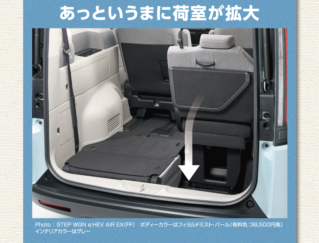あっというまに荷室が拡大Photo:STEP WGN e:HEV AIR EX（FF）ボディーカラーはフィヨルドミスト・パール（有料色:38,500円高）インテリアカラーはグレー