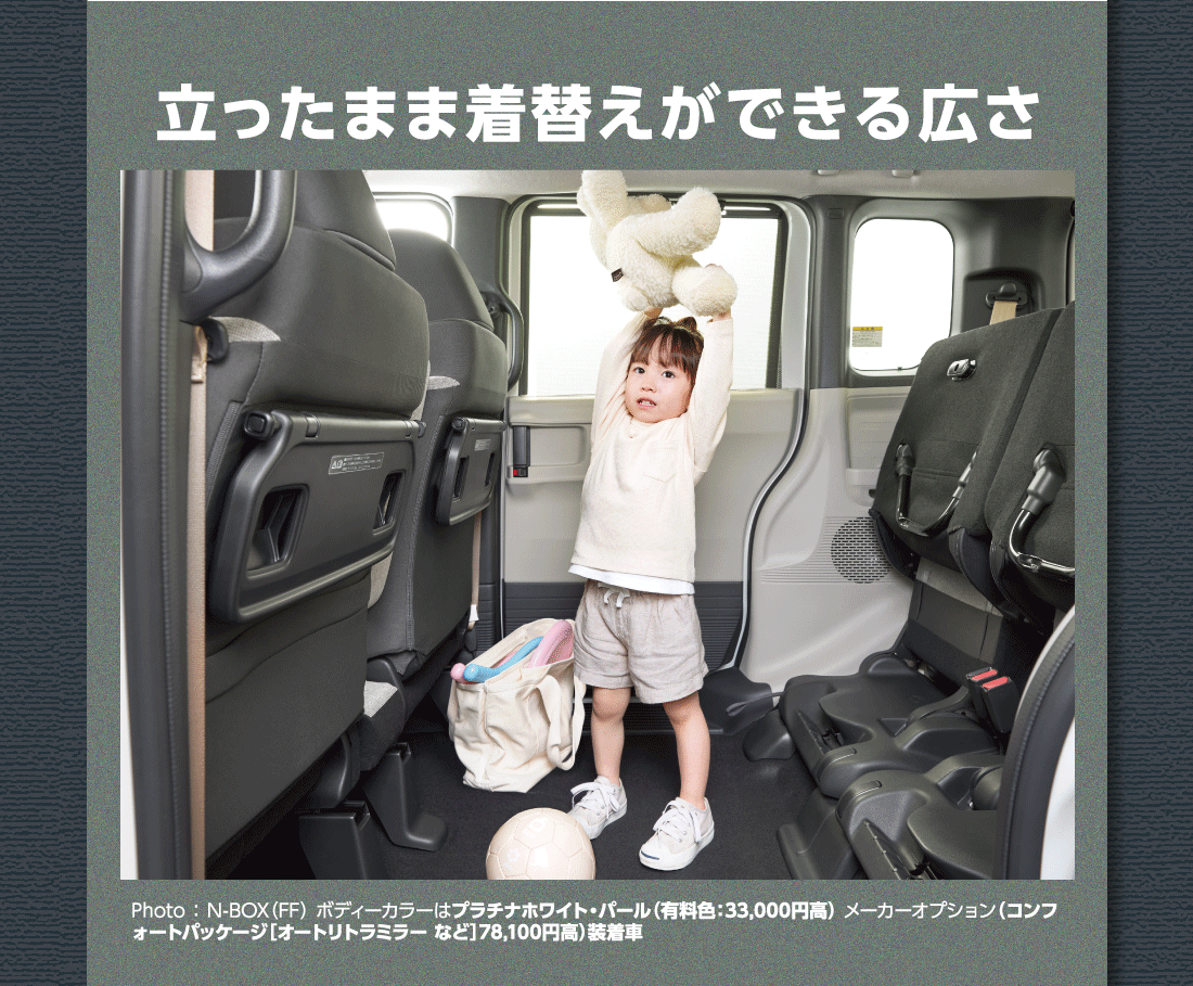 立ったまま着替えができる広さPhoto:N-BOX（FF）ボディーカラーはプラチナホワイト・パール（有料色:33,000円高）メーカーオプション（コンフォートパッケージ[オートリトラミラー など]78,100円高）装着車