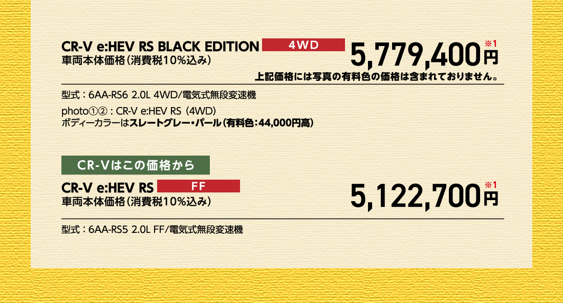 CR-V e:HEV RS BLACK EDITION4WD車両本体価格（消費税10%込み）車両本体価格（消費税10%込み）円※1上記価格には写真の有料色の価格は含まれておりません。型式:6AA-RS6 2.0L 4WD/電気式無段変速機photo①②:CR-V e:HEV RS（4WD）ボディーカラーはスレートグレー・パール（有料色:44,000円高）CR-Vはこの価格からCR-V e:HEV RS FF車両本体価格（消費税10%込み）5,122,700円※1型式:6AA-RS5 2.0L FF/電気式無段変速機