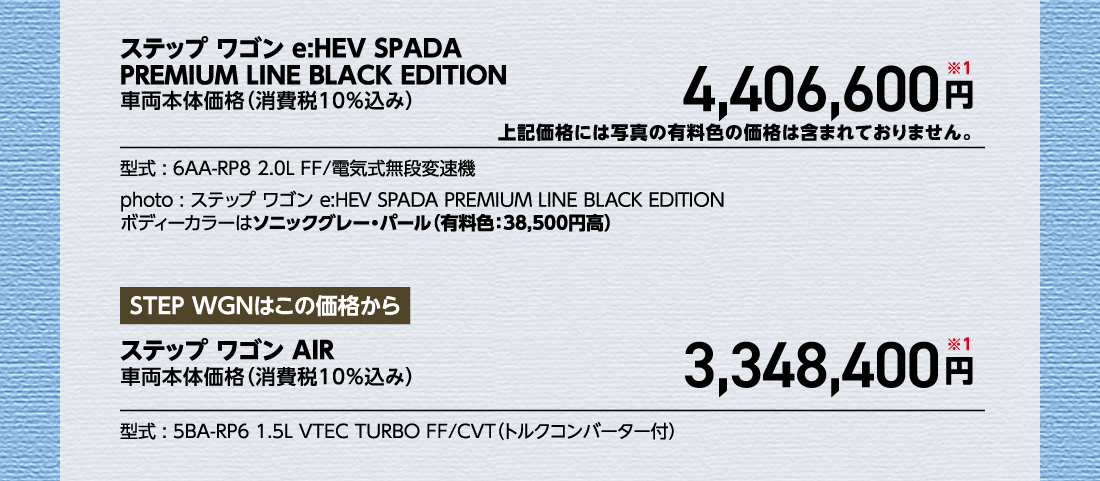 ステップ ワゴン e:HEV SPADAPREMIUM LINE BLACK EDITION車両本体価格（消費税10%込み）4,406,600円※1上記価格には写真の有料色の価格は含まれておりません。型式:6AA-RP8 2.0L FF/電気式無段変速機photo:ステップ ワゴン e:HEV SPADA PREMIUM LINE BLACK EDITIONボディーカラーはソニックグレー・パール（有料色:38,500円高）STEP WGNはこの価格からステップ ワゴン AIR車両本体価格（消費税10%込み）3,348,400円※1型式:5BA-RP6 1.5L VTEC TURBO FF/CVT（トルクコンバーター付）