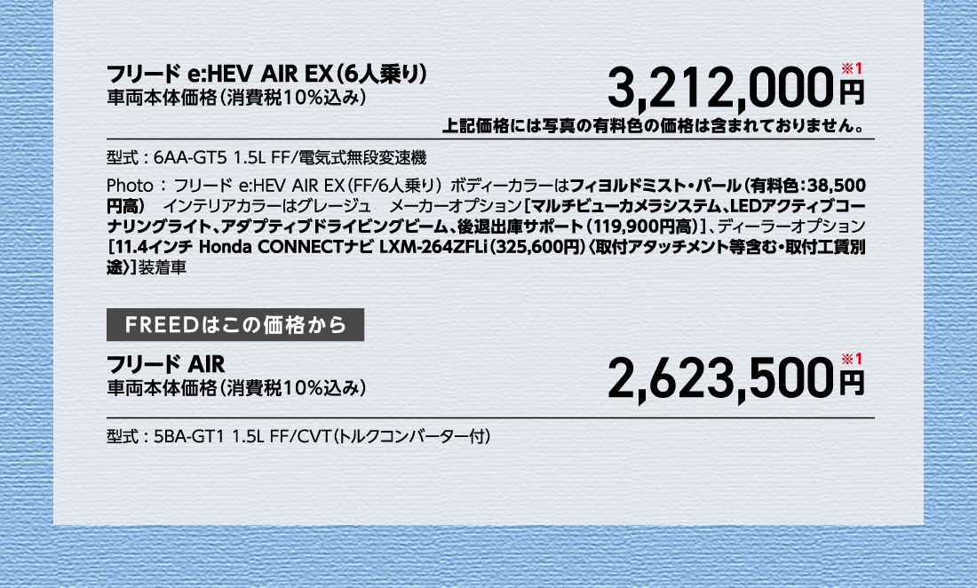 フリード e:HEV AIR EX（6人乗り）車両本体価格（消費税10%込み）3,212,000円※1上記価格には写真の有料色の価格は含まれておりません。型式:6AA-GT5 1.5L FF/電気式無段変速機Photo:フリード e:HEV AIR EX（FF/6人乗り）ボディーカラーはフィヨルドミスト・パール（有料色:38,500円高）インテリアカラーはグレージュメーカーオプション[マルチビューカメラシステム、LEDアクティブコーナリングライト、アダプティブドライビングビーム、後退出庫サポート（119,900円高）]、ディーラーオプション[11.4インチ Honda CONNECTナビ LXM-264ZFLi（325,600円）〈取付アタッチメント等含む・取付工賃別途〉]装着車FREEDはこの価格からフリード AIR車両本体価格（消費税10%込み）2,623,500円※1型式:5BA-GT1 1.5L FF/CVT（トルクコンバーター付）