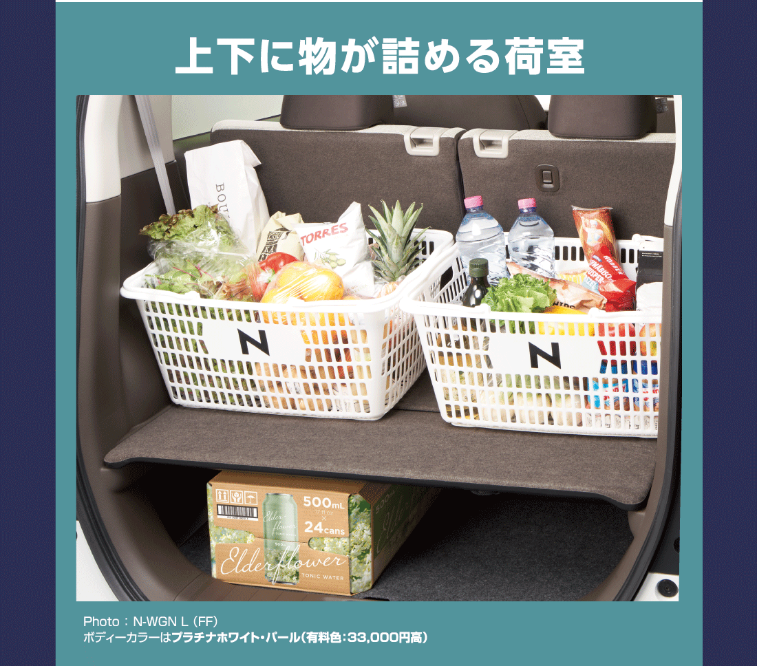 上下に物が詰める荷室Photo:N-WGN L（FF）ボディーカラーはプラチナホワイト・パール（有料色:33,000円高）
		