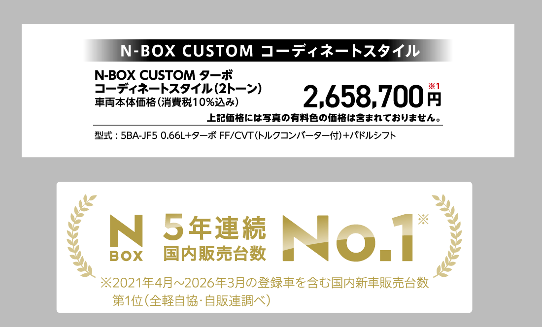 N-BOX CUSTOM コーディネートスタイルN-BOX CUSTOM ターボコーディネートスタイル（2トーン）車両本体価格（消費税10%込み）2,658,700円※1上記価格には写真の有料色の価格は含まれておりません。型式:5BA-JF5 0.66L+ターボ FF/CVT（トルクコンバーター付）+パドルシフトN-BOX5年連続国内販売台数No.1※ ※202120214月〜2026年3月の登録者を含む国内新車販売台数第1位（全経自協・自販連調べ