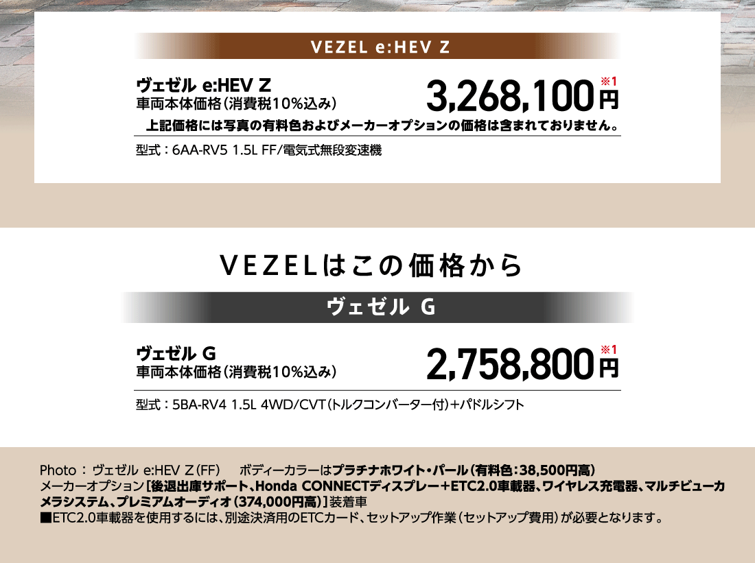 ヴェゼル e:HEV Z車両本体価格（消費税10%込み）3,268,100円※1上記価格には写真の有料色およびメーカーオプションの価格は含まれておりません。型式:6AA-RV5 1.5L FF/電気式無段変速機VEZELはこの価格からヴェゼル G車両本体価格（消費税10%込み）2,758,800円※1型式:5BA-RV4 1.5L 4WD/CVT（トルクコンバーター付）+パドルシフトPhoto:ヴェゼル e:HEV Z（FF）ボディーカラーはプラチナホワイト・パール（有料色:38,500円高）メーカーオプション[後退出庫サポート、Honda CONNECTディスプレー+ETC2.0車載器、ワイヤレス充電器、マルチビューカメラシステム、プレミアムオーディオ（374,000円高）]装着車■ETC2.0車載器を使用するには、別途決済用のETCカード、セットアップ作業（セットアップ費用）が必要となります。