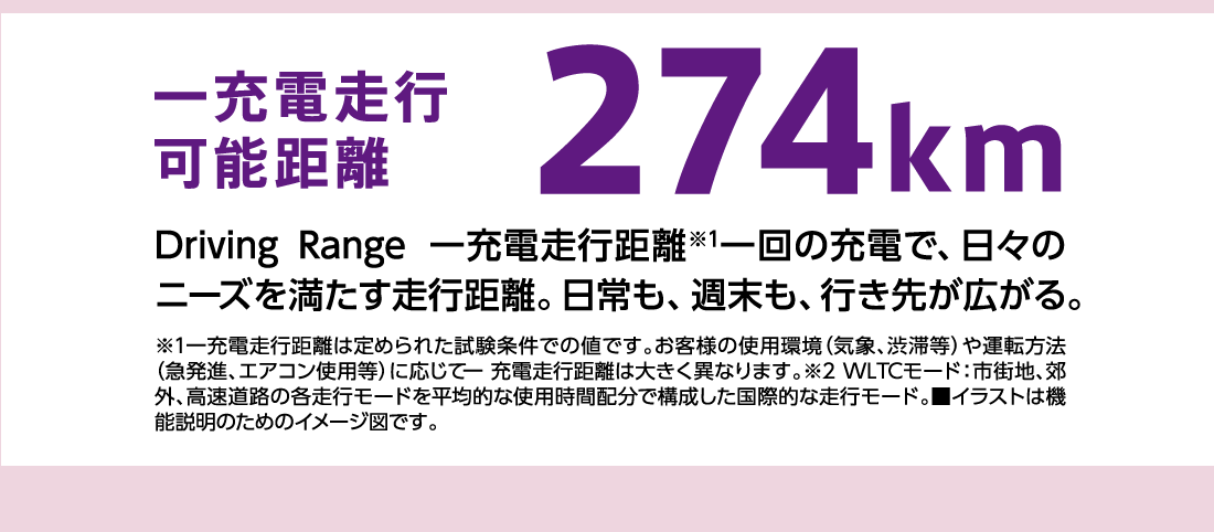 一充電走行可能距離274kmDriving Range 一充電走行距離※1一回の充電で、日々のニーズを満たす走行距離。日常も、週末も、行き先が広がる。※1一充電走行距離は定められた試験条件での値です。お客様の使用環境（気象、渋滞等）や運転方法（急発進、エアコン使用等）に応じて一充電走行距離は大きく異なります。※2WLTCモード:市街地、郊外、高速道路の各走行モードを平均的な使用時間配分で構成した国際的な走行モード。■イラストは機能説明のためのイメージ図です。