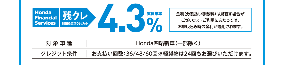 Honda Financial Services 残クレ 残価設定型クレジット実質年利4.3％金利（分割払い手数料）は見直す場合がございます。ご利用にあたっては、お申し込み時の金利が適用されます。【対象車種】Honda四輪新車（一部除く）【クレジット条件】お支払い回数：36/48/60回※軽貨物は24回もお選びいただけます。