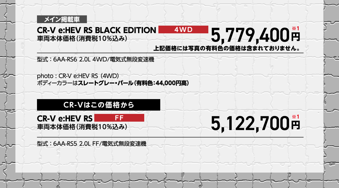 メイン掲載車CR-V e:HEV RS BLACK EDITION4WD車両本体価格（消費税10%込み）5,779,400円※1上記価格には写真の有料色の価格は含まれておりません。型式:6AA-RS6 2.0L 4WD/電気式無段変速機photo:CR-V e:HEV RS（4WD）ボディーカラーはスレートグレー・パール（有料色:44,000円高）CR-Vはこの価格からCR-V e:HEV RSFF車両本体価格（消費税10%込み）車両本体価格（消費税10%込み）円※1型式:6AA-RS5 2.0L FF/電気式無段変速機