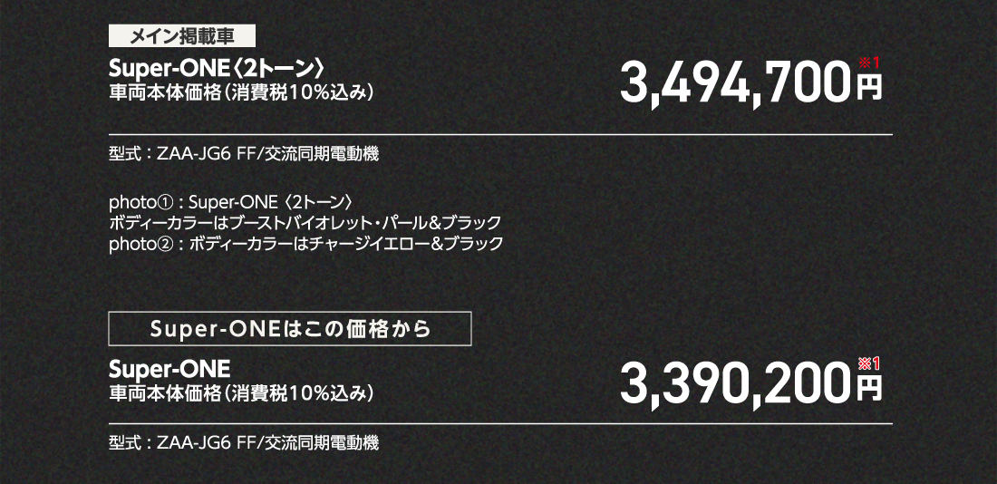メイン掲載車Super-ONE〈2トーン〉車両本体価格（消費税10%込み）3,494,700円※1型式:ZAA-JG6 FF/交流同期電動機photo①:Super-ONE〈2トーン〉ボディーカラーはブーストバイオレット・パール&ブラックphoto②:ボディーカラーはチャージイエロー&ブラックSuper-ONEはこの価格からSuper-ONE車両本体価格（消費税10%込み）3,390,200円※1型式:ZAA-JG6 FF/交流同期電動機