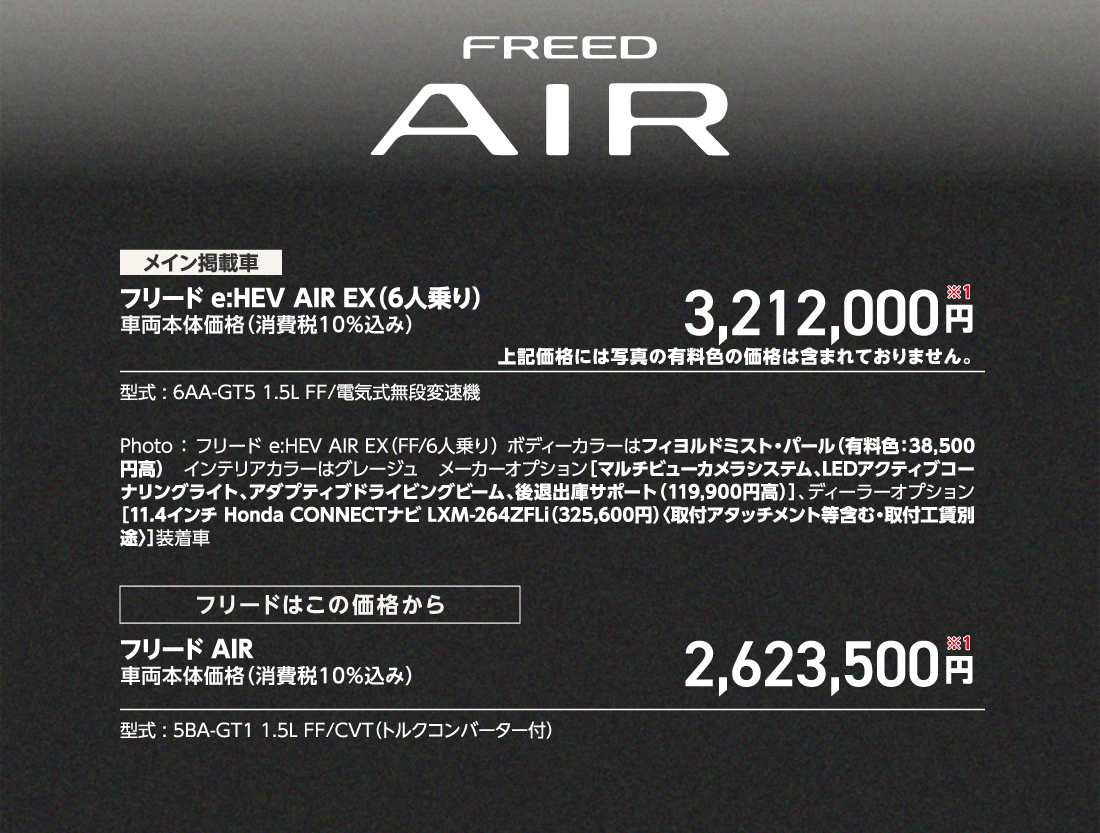 メイン掲載車フリード e:HEV AIR EX（6人乗り）車両本体価格（消費税10%込み）3,212,000円※1上記価格には写真の有料色の価格は含まれておりません。型式:6AA-GT5 1.5L FF/電気式無段変速機Photo:フリード e:HEV AIR EX（FF/6人乗り）ボディーカラーはフィヨルドミスト・パール（有料色:38,500円高）インテリアカラーはグレージュメーカーオプション[マルチビューカメラシステム、LEDアクティブコーナリングライト、アダプティブドライビングビーム、後退出庫サポート（119,900円高）]、ディーラーオプション[11.4インチ Honda CONNECTナビ LXM-264ZFLi（325,600円）〈取付アタッチメント等含む・取付工賃別途〉]装着車フリードはこの価格からフリード AIR車両本体価格（消費税10%込み）2,623,500円※1型式:5BA-GT1 1.5L FF/CVT（トルクコンバーター付）