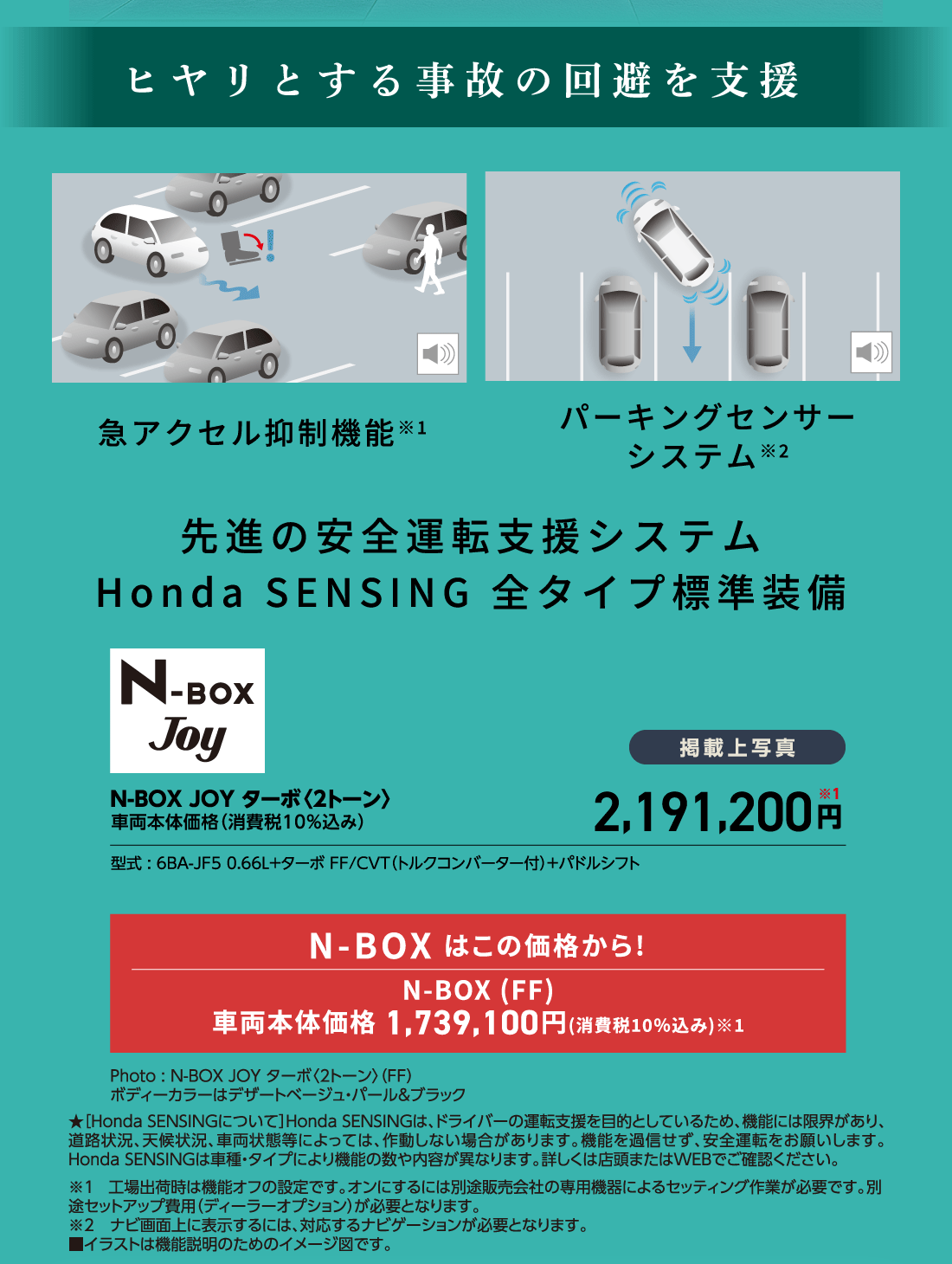ヒヤリとする事故の回避を支援急アクセル抑制機能※1パーキングセンサーシステム※2先進の安全運転支援システムHonda SENSING 全タイプ標準装備N-BOX JOY ターボ〈2トーン〉車両本体価格（消費税10%込み）掲載上写真2,191,200円※1型式:6BA-JF5 0.66L+ターボ FF/CVT（トルクコンバーター付）+パドルシフトN-BOX はこの価格から!N-BOX (FF)車両本体価格1,739,100円(消費税10%込み)※1Photo:N-BOX JOY ターボ〈2トーン〉（FF）ボディーカラーはデザートベージュ・パール&ブラック★[Honda SENSINGについて]Honda SENSINGは、ドライバーの運転支援を目的としているため、機能には限界があり、道路状況、天候状況、車両状態等によっては、作動しない場合があります。機能を過信せず、安全運転をお願いします。Honda SENSINGは車種・タイプにより機能の数や内容が異なります。詳しくは店頭またはWEBでご確認ください。※1 工場出荷時は機能オフの設定です。オンにするには別途販売会社の専用機器によるセッティング作業が必要です。別途セットアップ費用（ディーラーオプション）が必要となります。※2ナビ画面上に表示するには、対応するナビゲーションが必要となります。■イラストは機能説明のためのイメージ図です。