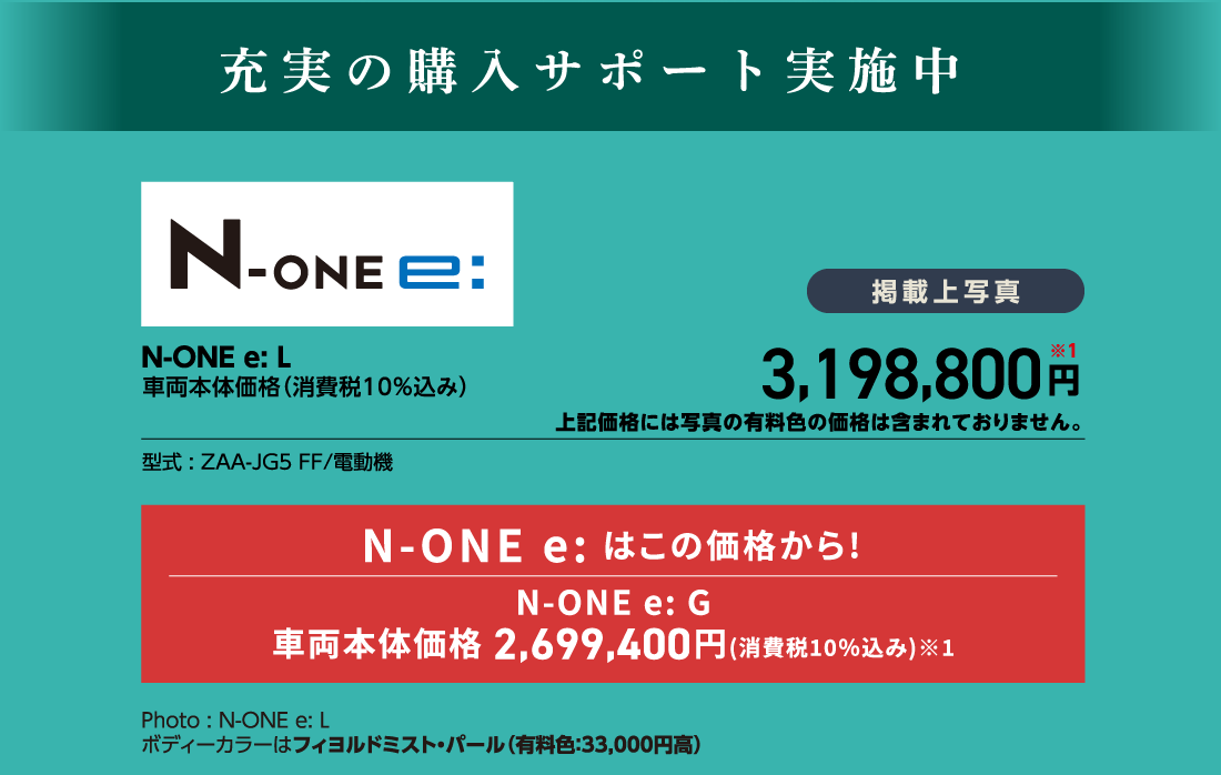 充実の購入サポート実施中N-ONE e: L車両本体価格（消費税10%込み）掲載上写真3,198,800円※1上記価格には写真の有料色の価格は含まれておりません。型式:ZAA-JG5 FF/電動機N-ONE e: はこの価格から!N-ONE e: G車両本体価格 2,699,400円(消費税10%込み)※1Photo:N-ONE e: Lボディーカラーはフィヨルドミスト・パール（有料色:33,000円高）